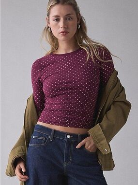 BDG Burgundy Polka Dot Long-Sleeve Cropped Tee